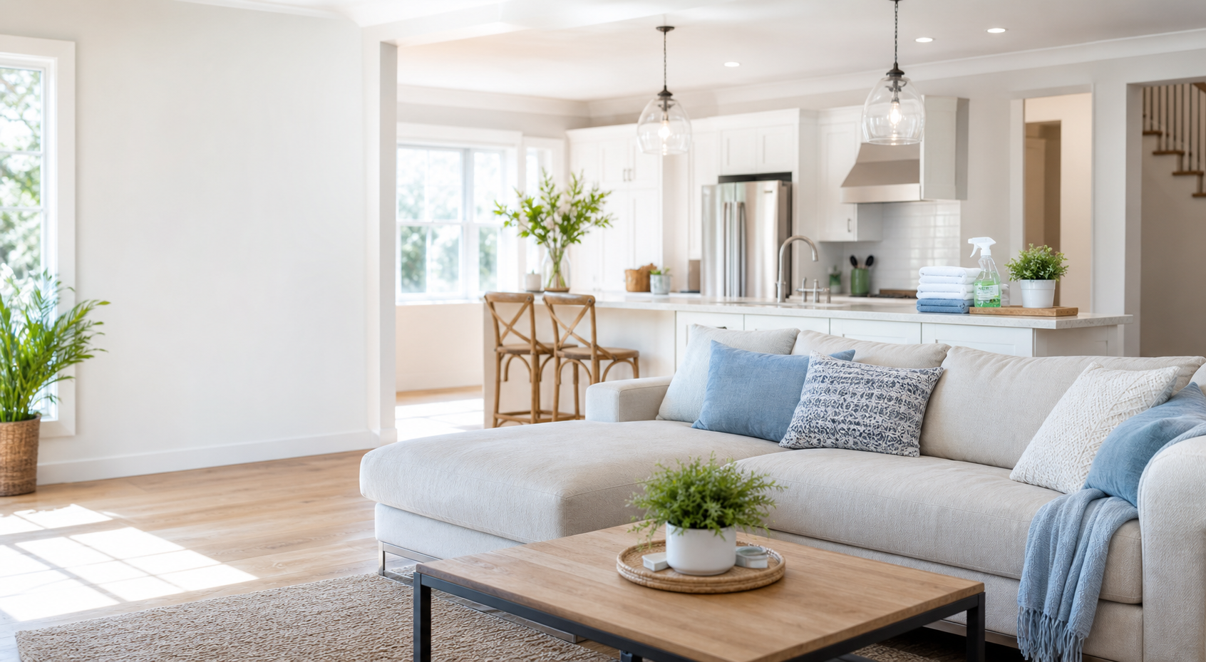 Bright clean family living room after a professional home cleaning
